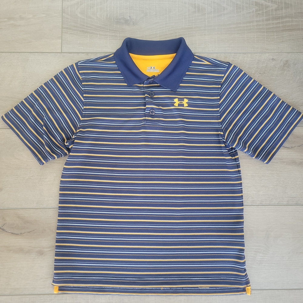 Under Armour Youth Medium Striped Polo Shirt Navy Blue Gold YMD Boys Golf Preppy